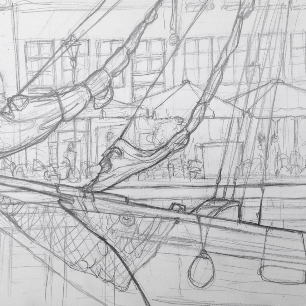 Urban Art 'Nyhavn, Copenhagen, Denmark.' Near Hans Christian Andersen's house. The harbour is lined with lots of sail ships. sketchbookexplorer.com #art #drawing #sketch #pencil #illustration #travel #architecture