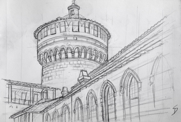 Urban Art 'Castello Sforzesco, Milan, Italy.' The banks of the castle's old moat are popular with local sun-worshipers. sketchbookexplorer.com #art #drawing #sketch #pencil #illustration #travel #architecture
