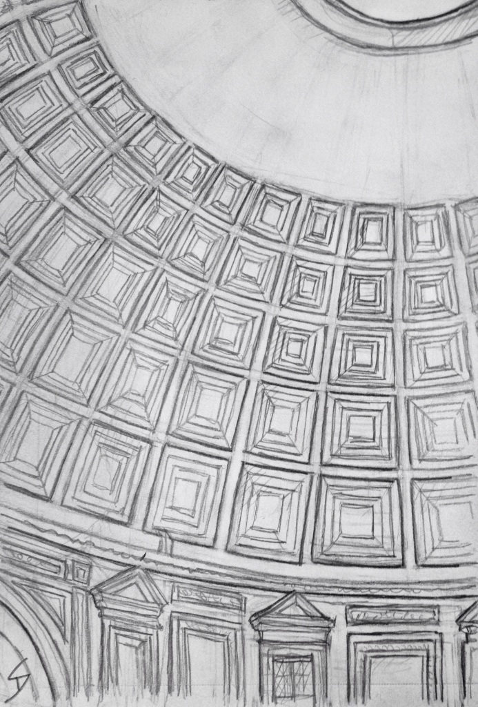 Urban Art 'The Pantheon, Rome, Italy.' View of the dome from inside. Amazing to think it's almost 2000 years old. sketchbookexplorer.com #art #drawing #sketch #pencil #illustration #travel #architecture