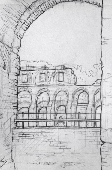 Urban Art 'The Colosseum, Rome, Italy.' View of the Amphitheatre from inside. sketchbookexplorer.com #art #drawing #sketch #pencil #illustration #travel #architecture