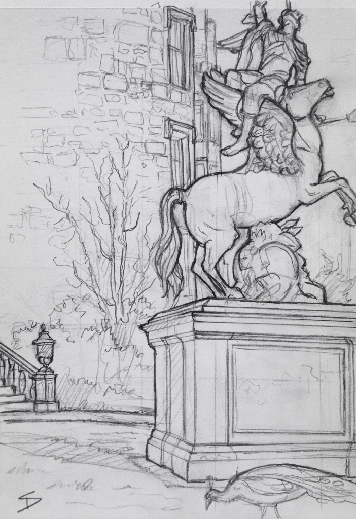 Urban Art - Welshpool, UK. 'Powys Castle, 2.' The courtyard, where peacocks come looking for scraps off the tables. sketchbookexplorer.com #art #drawing #sketch #pencil #illustration #travel #architecture #welshpool