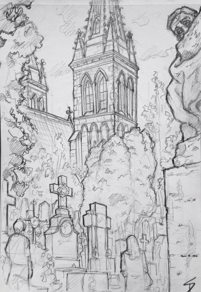 Urban Art - Prague, Czech Republic. 'Vysehrad cemetery.' Loads of interesting sculptures and styles, from Soviet busts to metal spiderwebs. sketchbookexplorer.com #art #drawing #sketch #pencil #illustration #travel #architecture #prague