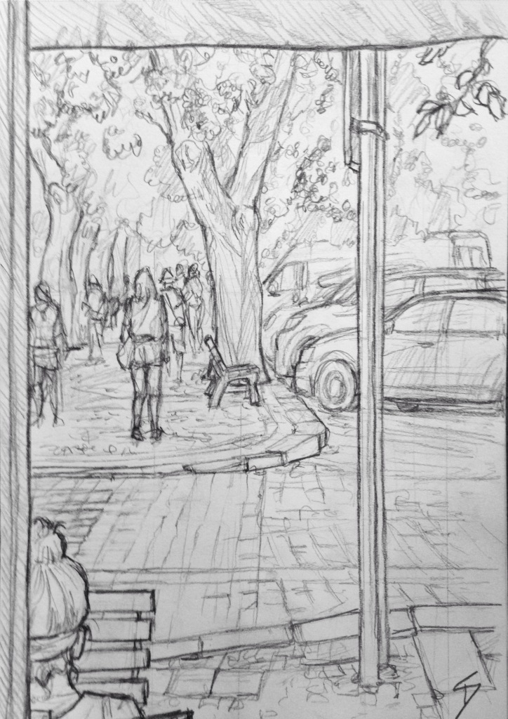 Quick Sketch. 'Vitezna, Prague.' View from just inside a cafe. The trees are shedding pale green buds over the cobbles. @davidasutton @sketchbookexplorer Facebook.com/davidanthonysutton #drawing #sketch #prague #travel #travelblog #vitezna