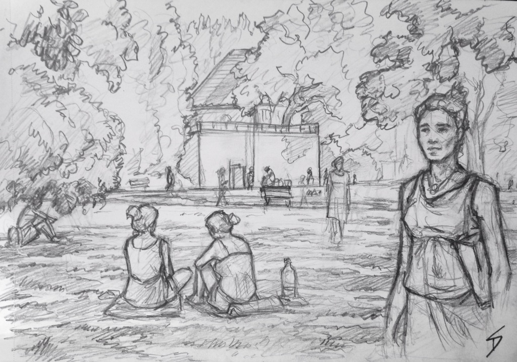 Quick Sketch. 'Kampa Island, Prague.' The locals and tourists enjoying the balmy sunshine. The island is split off from Mala Strana by the narrow 'Devil's Stream.' As well as Kampa park, the island is also home to an art Museum. The island was named by Spanish soldier in 1620, during the Thirty Years War. Kampa - meaning ’campus' (where the soldiers were camped). @davidasutton @sketchbookexplorer Facebook.com/davidanthonysutton #drawing #sketch #prague #travel #travelblog #kampaisland