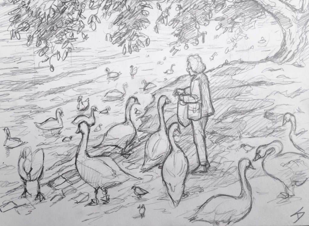 Quick Sketch. 'Cihelna, Prague.' Feeding the birds on the bank of the Vltava. Possibly getting its name from the old Germanic word 'wilt ahwa' (wild water), the Vltava river is the longest in the Czech Republic. It flows through Cesky Krumlov, Ceske Budejovice, and Prague, before eventually joining the Elbe. @davidasutton @sketchbookexplorer Facebook.com/davidanthonysutton #drawing #sketch #prague #travel #travelblog #cilhelna #vltava