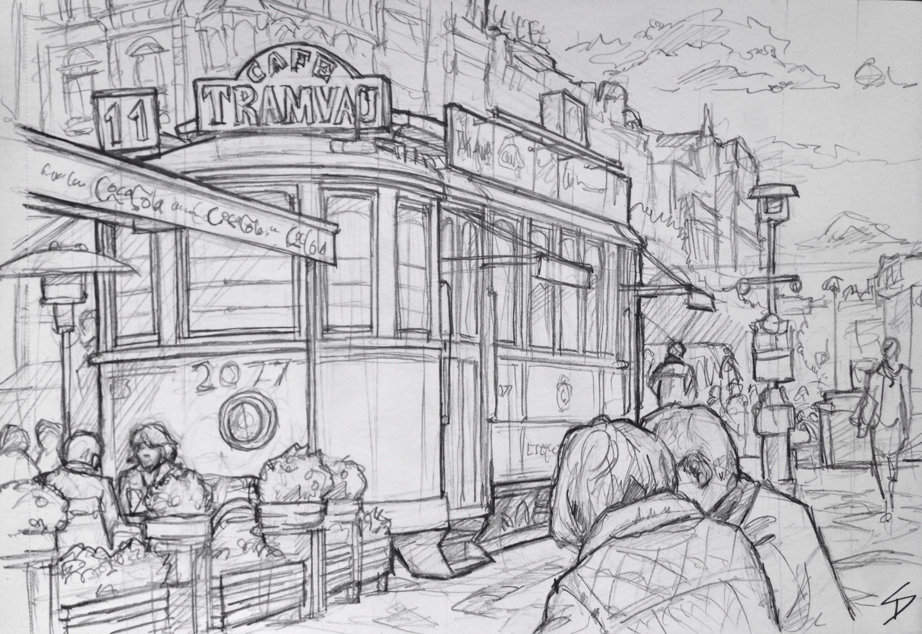 Quick Sketch. 'Wenceslas Square, Prague.' Old tram car used as a cafe. Also known as 'Vaclavska Namesti', Wenceslas Square is one of Prague's main squares. It is named after Saint Wenceslas - patron saint of Bohemia. Some buildings at the Museum end of the square were destroyed during the Prague Uprising of 1945. @davidasutton @sketchbookexplorer Facebook.com/davidanthonysutton #drawing #sketch #prague #travel #travelblog #wenceslassquareprague