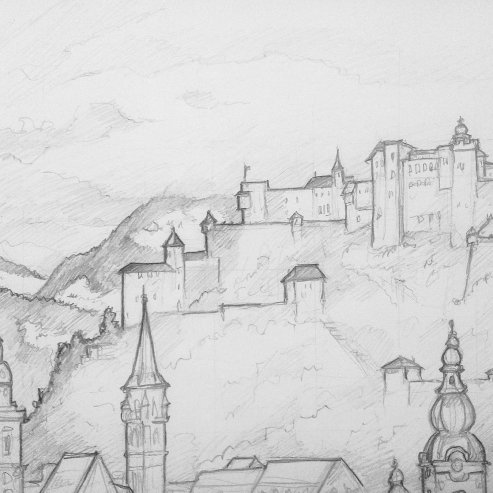 Urban Art - Salzburg, Austria. 'Mönchsberg.' View of Hohensalzburg Fortress. sketchbookexplorer.com @davidasutton @sketchbookexplorer Facebook.com/davidanthonysutton #drawing #sketch #salzburg #travel #travelblog #hohensalzburg