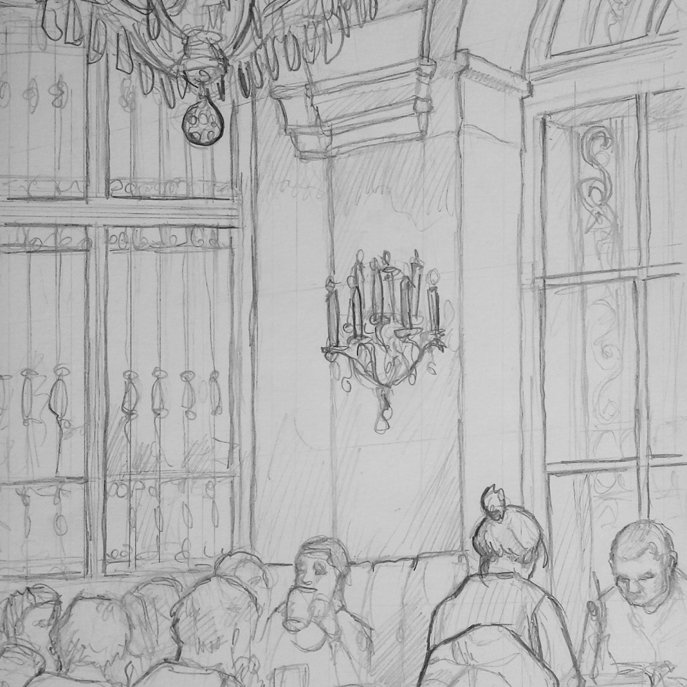 Urban Art - Prinz Eugen-Straße, Vienna, Austria. 'Cafe Menagerie, Belvedere Palace.' View from inside this Baroque cafe / bistro. sketchbookexplorer.com @davidasutton @sketchbookexplorer Facebook.com/davidanthonysutton #drawing #sketch #vienna #travel #travelblog #cafemenageriebelvedere