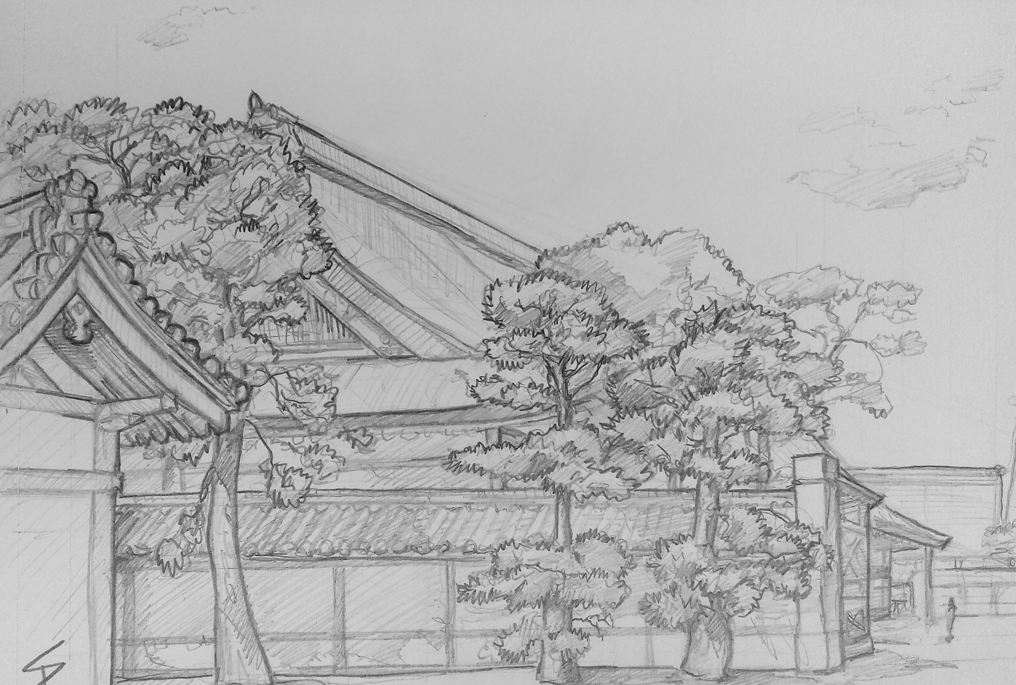Urban art - Kamigyo Ward, Kyoto, Japan.‘Kyoto Imperial Palace.’ Sketched from a public seating area, set up to give shade to visitors. The Palace is surrounded by a large public park, blooming with cherry blossom, and perfect for a spot of Hanami. sketchbookexplorer.com @davidasutton @sketchbookexplorer Facebook.com/davidanthonysutton #japan #kyoto #kamigyoward #kyotoimperialpalace #travel #travelblog #art #sketching #cheeryblossom #cherryblossomseason