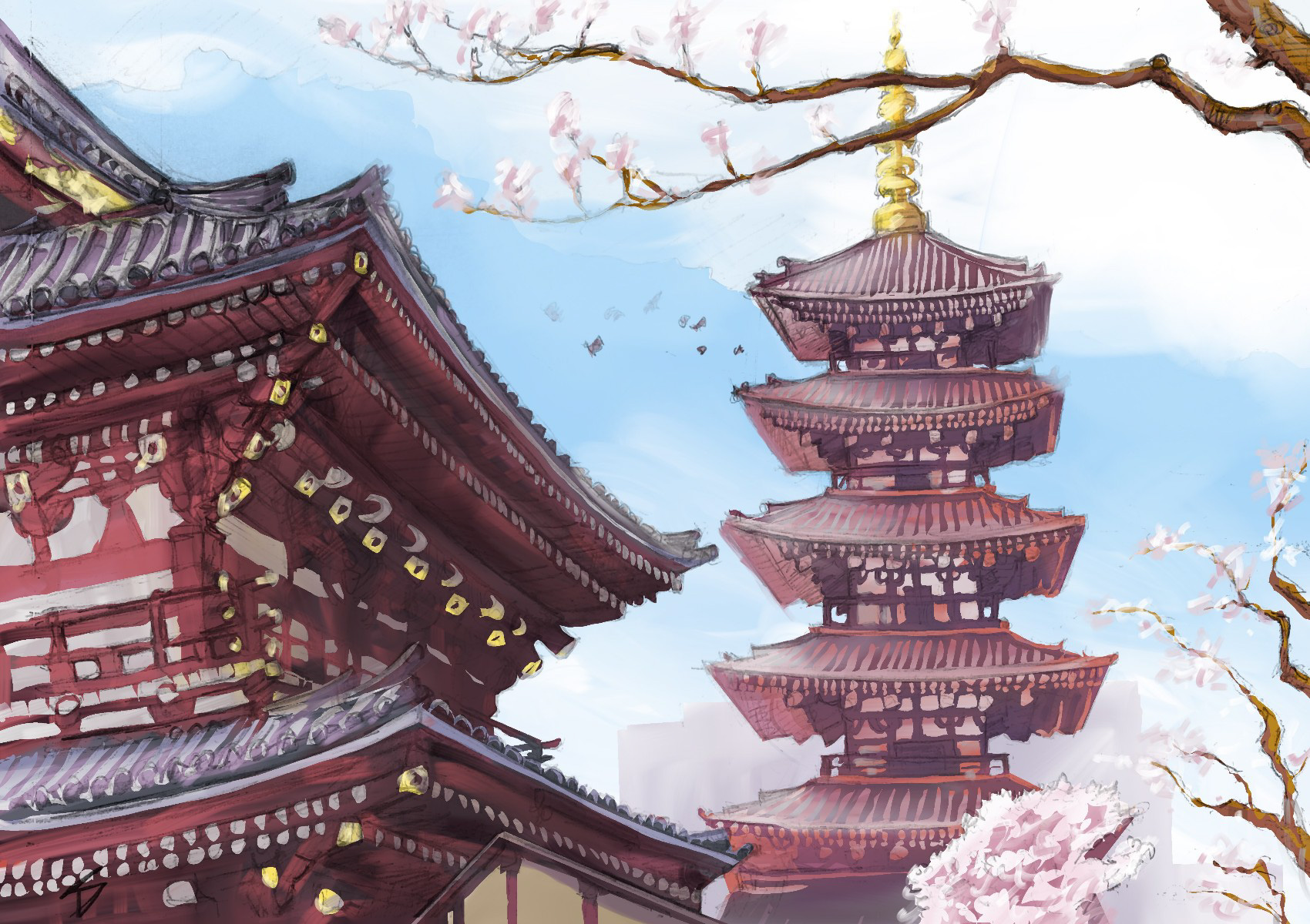 Ipad art – Asakusa, Tokyo, Japan. ‘Senso-ji Temple.’ Complete image from my latest travel art blog article 'Sakura Japan.' Now online - sketchbookexplorer.com @davidasutton @sketchbookexplorer Facebook.com/davidanthonysutton #sketch #drawing #painting #art #ipadart #iPad #japan #tokyo #sakura #sensojitemple #buddhism #travel #travelblog #cherryblossom #cherryblossomseason #cherryblossomjapan