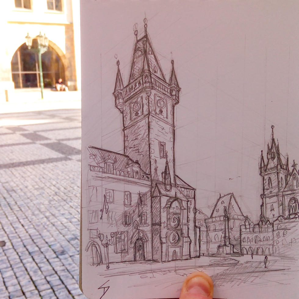 Urban photo art – Old Town Square, Prague, Czech Republic. ‘View of Prague's historic Old Town Square.' Watch me sketch the drawing - https://youtu.be/PDclaI1LY40 . sketchbookexplorer.com @davidasutton @sketchbookexplorer Facebook.com/davidanthonysutton #sketch #drawing #art #prague #pragueoldtownsquare #pragueastronomicalclock #praha #travel #travelblog #czechrepublic